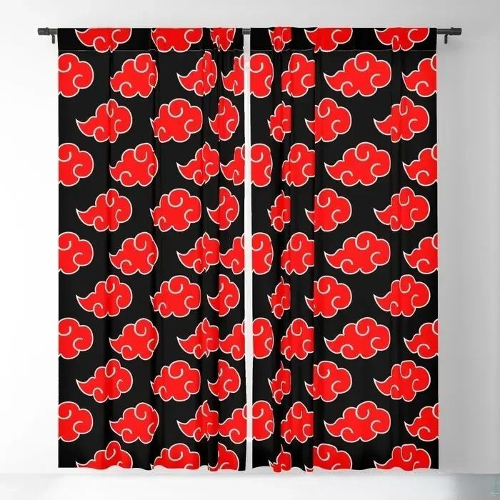 Naruto Akatsuki 2-panel blackout drapes made of soft fabric, designed for bedrooms or living rooms, featuring red vortex cloud anime print.