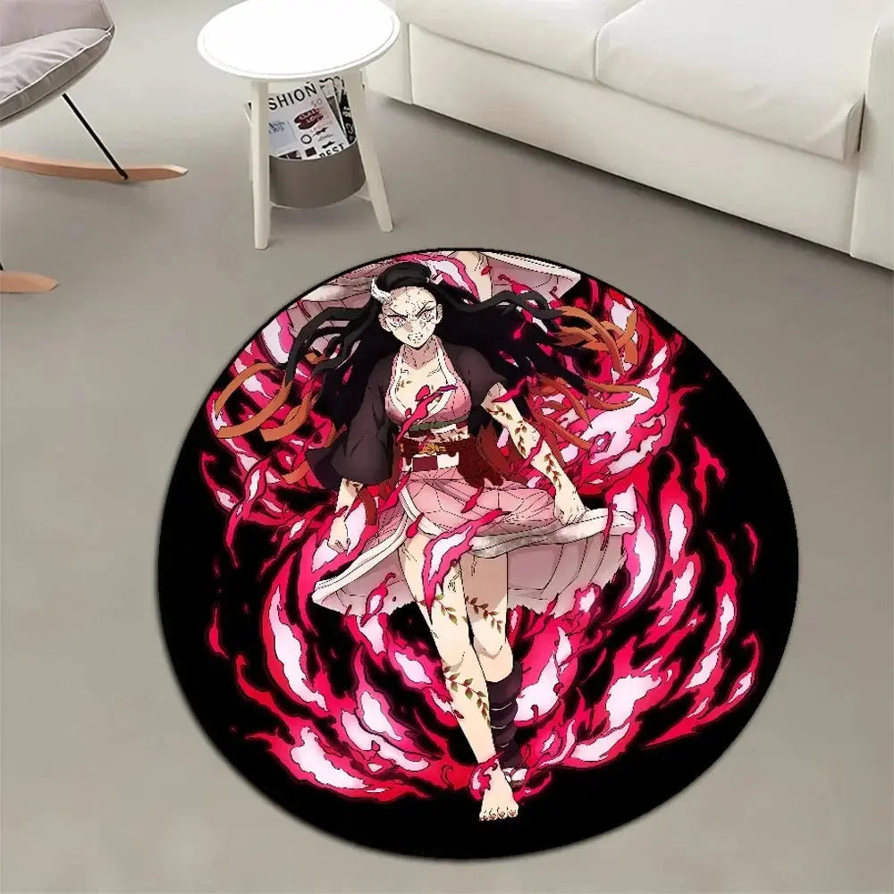 Round rug featuring Nezuko Kamado from Demon Slayer: Kimetsu no Yaiba, depicted with her bamboo muzzle and fiery eyes, showcasing her Blood Demon Art "Exploding Blood" ability, surrounded by a dynamic, glowing aura representing her protective and powerful nature.