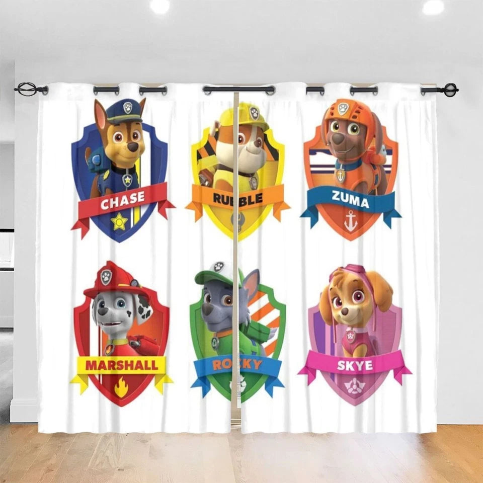 Paw Patrol kids bedroom window curtains with Chase, Marshall, and Skye cartoon design.