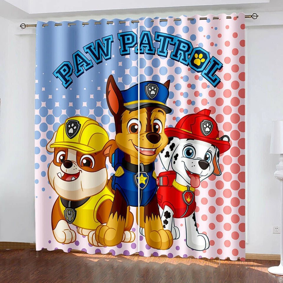 Paw Patrol kids blackout window drapes with colorful character print.
