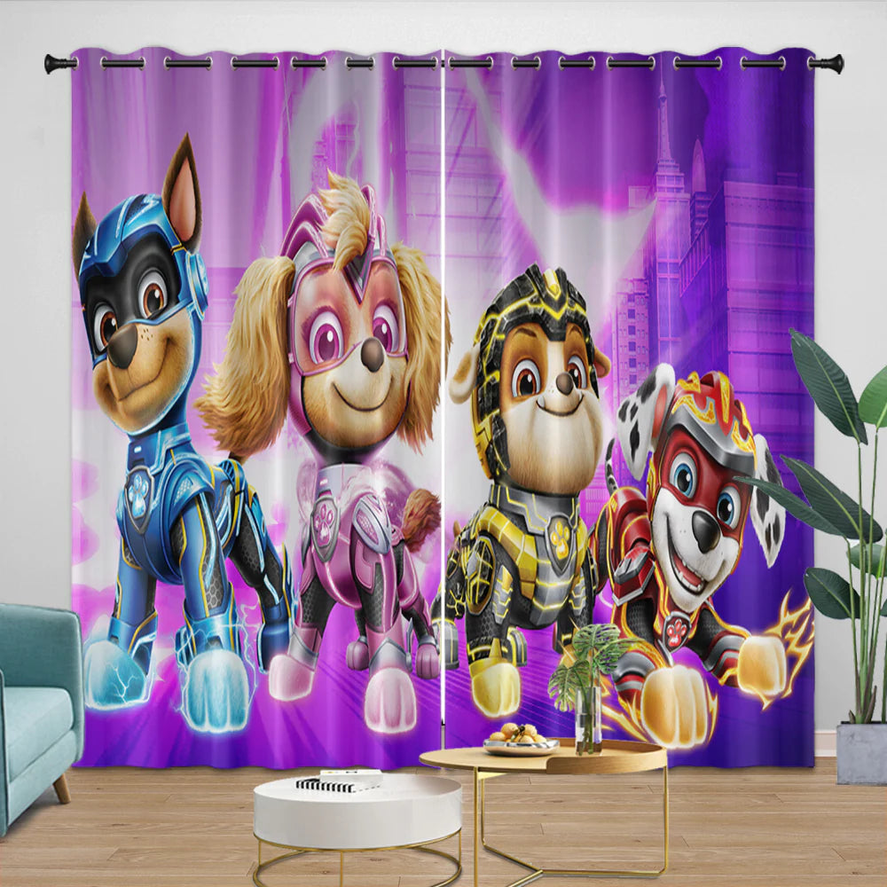Paw Patrol nursery blackout window curtains with cartoon dog characters.