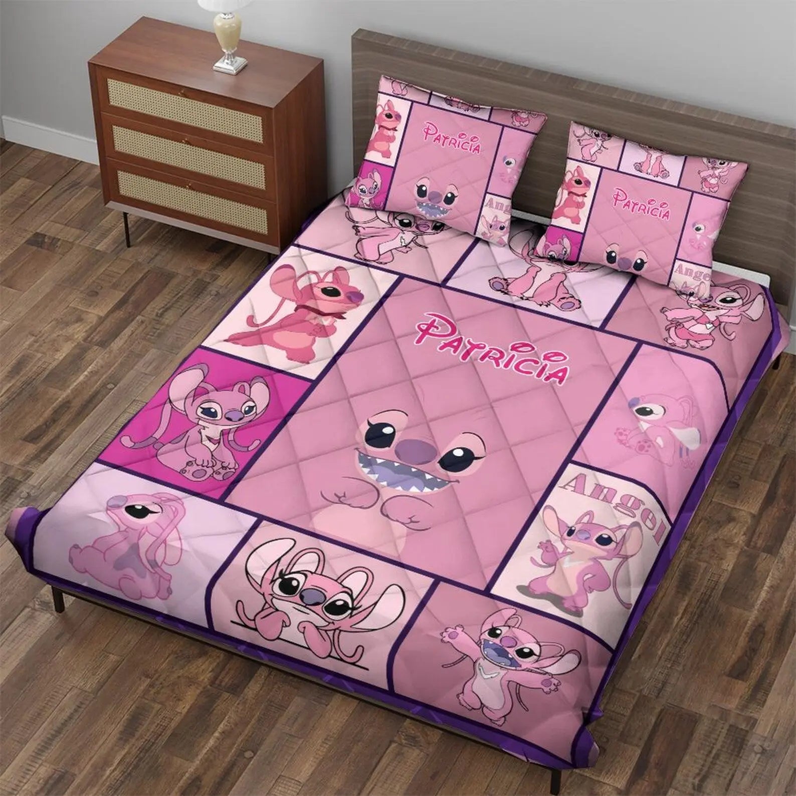 Personalized Angel blanket three-piece quilt cover set with 2 pillow covers, featuring Magic Kingdom Angel Stitch couple design, perfect gift for kids or couples.