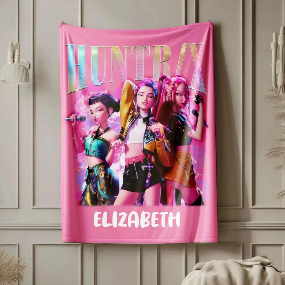Personalized anime-inspired Kpop fleece blanket, cozy throw with custom name.