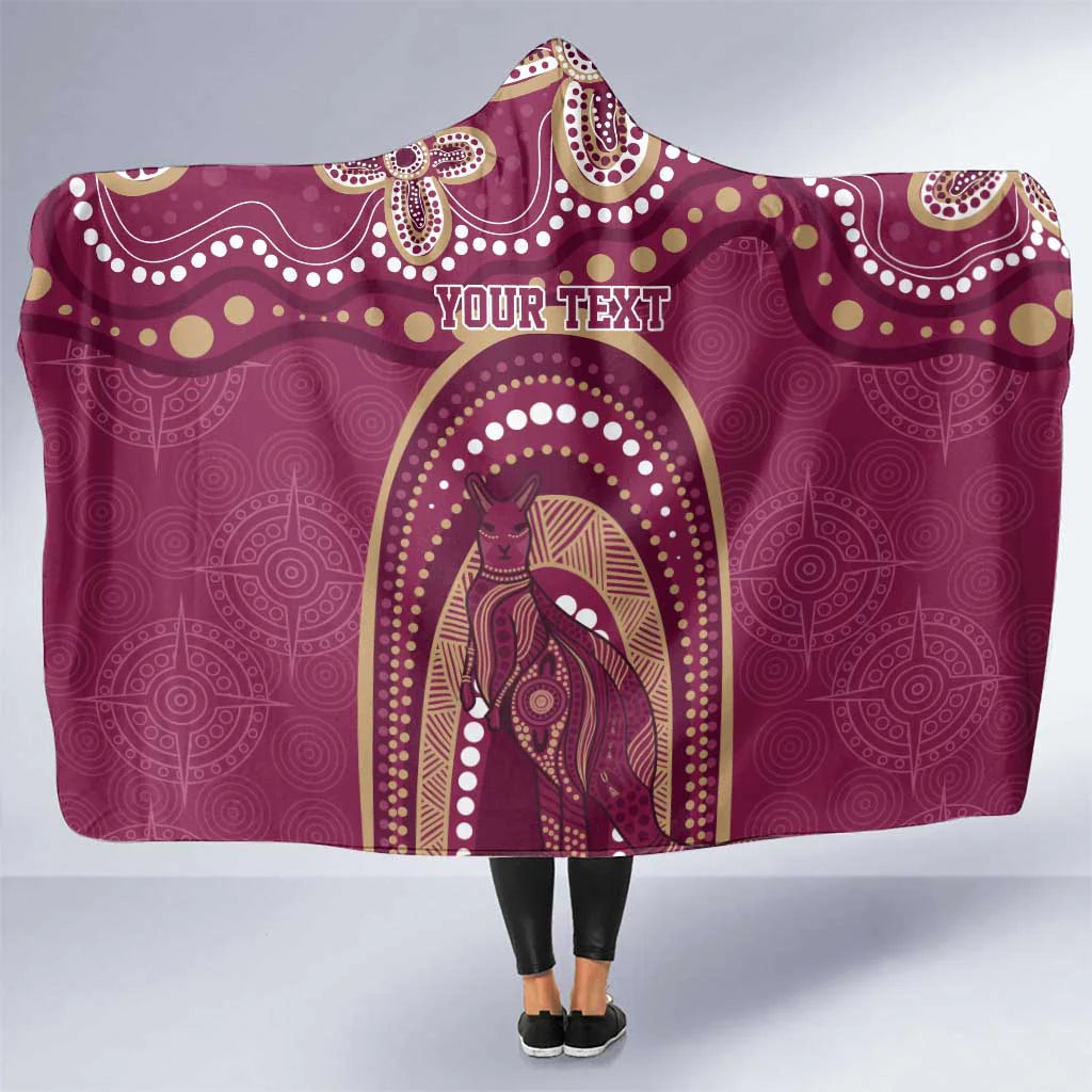 Personalized Australia QLD Rugby Indigenous Series Hooded Blanket – Maroons Kangaroos NRL Supporter Blanket with Aboriginal Art, Custom Rugby Fan Gift, Cozy Kangaroos vs Maroons Throw
