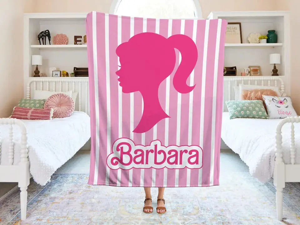Personalized Barbie kids blanket with custom name, soft and cozy throw for toddlers and girls’ bedroom décor