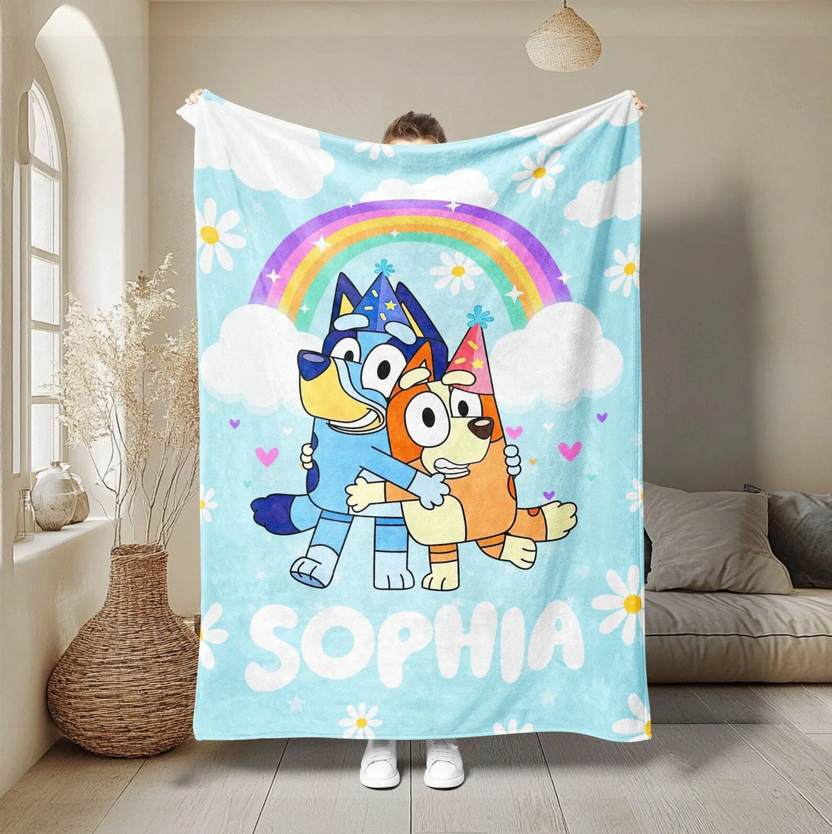 Personalized Bluey kids blanket, custom cartoon blanket for toddlers, soft children’s bedding with Bluey design, perfect bedroom gift.