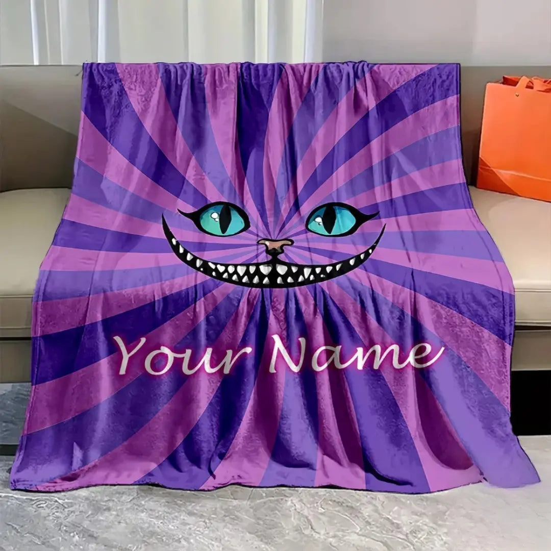 Personalized Alice in Wonderland Cheshire Cat blanket, soft custom name kids throw