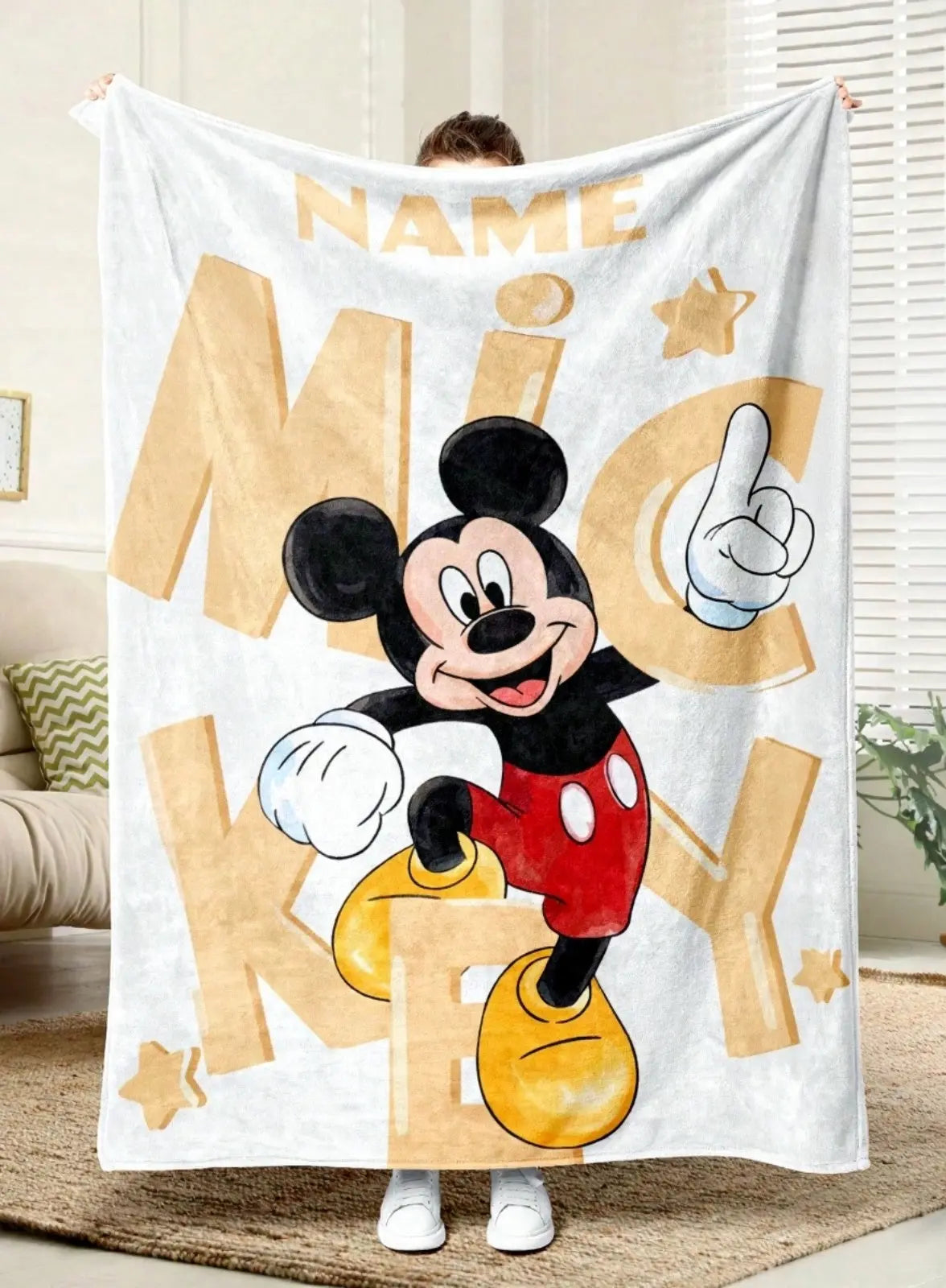 Personalized Disney Mickey Mouse blanket with custom name, soft kids bedding throw for bedroom and gift