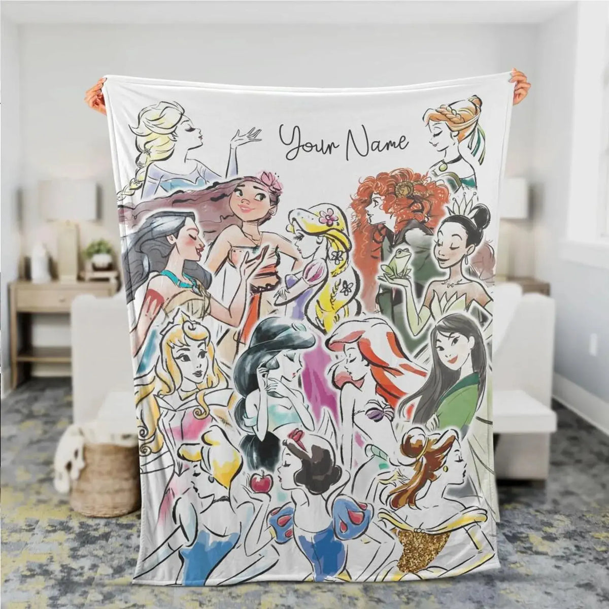 Personalized Disney Princess kids blanket with custom name, soft and cozy throw for toddlers and children’s bedroom décor