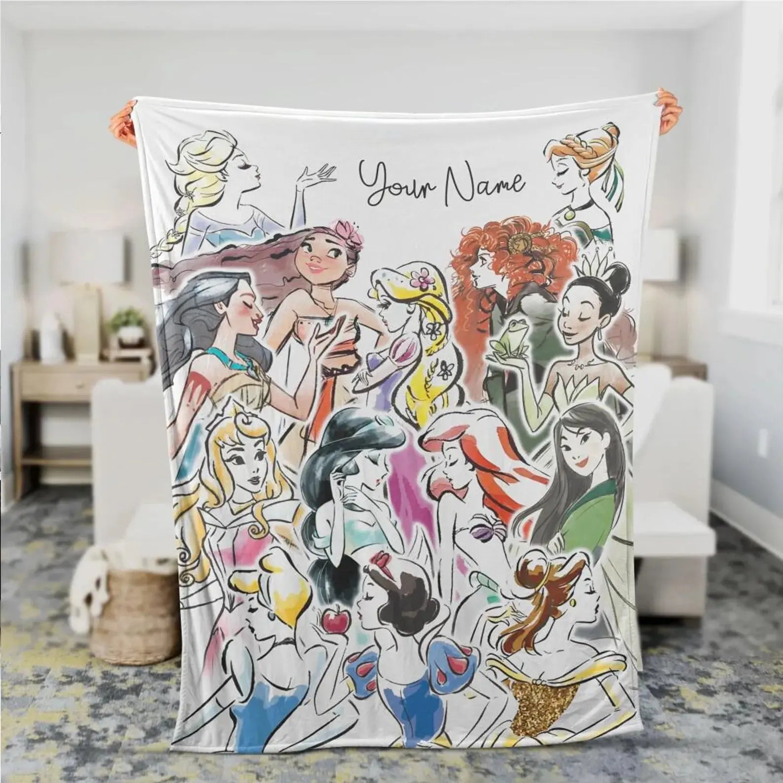 Personalized Disney Princess kids blanket with custom name, soft and cozy throw for toddlers and children’s bedroom décor