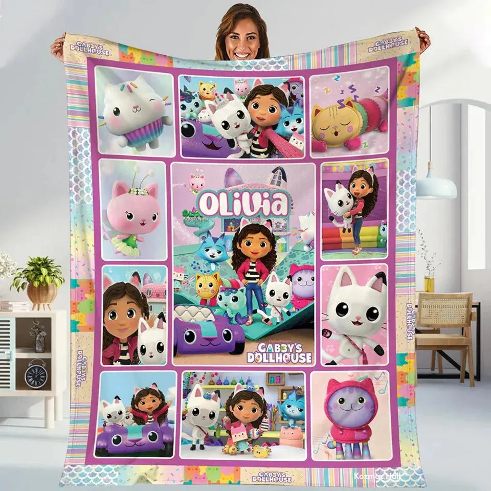 Personalized Gabby’s Dollhouse kids blanket with custom name, soft and cozy throw for toddlers and children’s bedroom décor