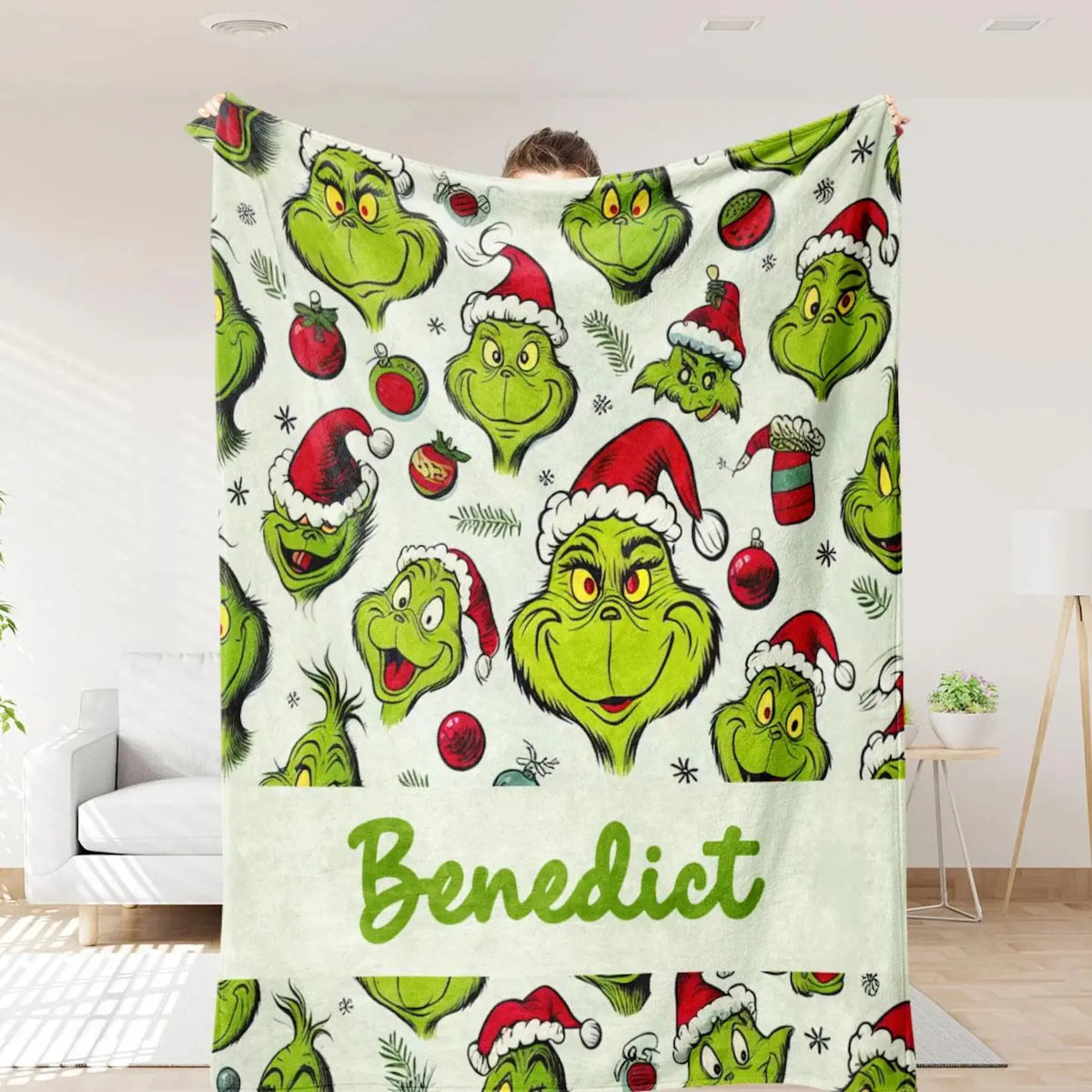 Personalized Grinch kids blanket featuring festive Christmas-themed expressions, soft and cozy throw for toddlers and children’s bedroom décor