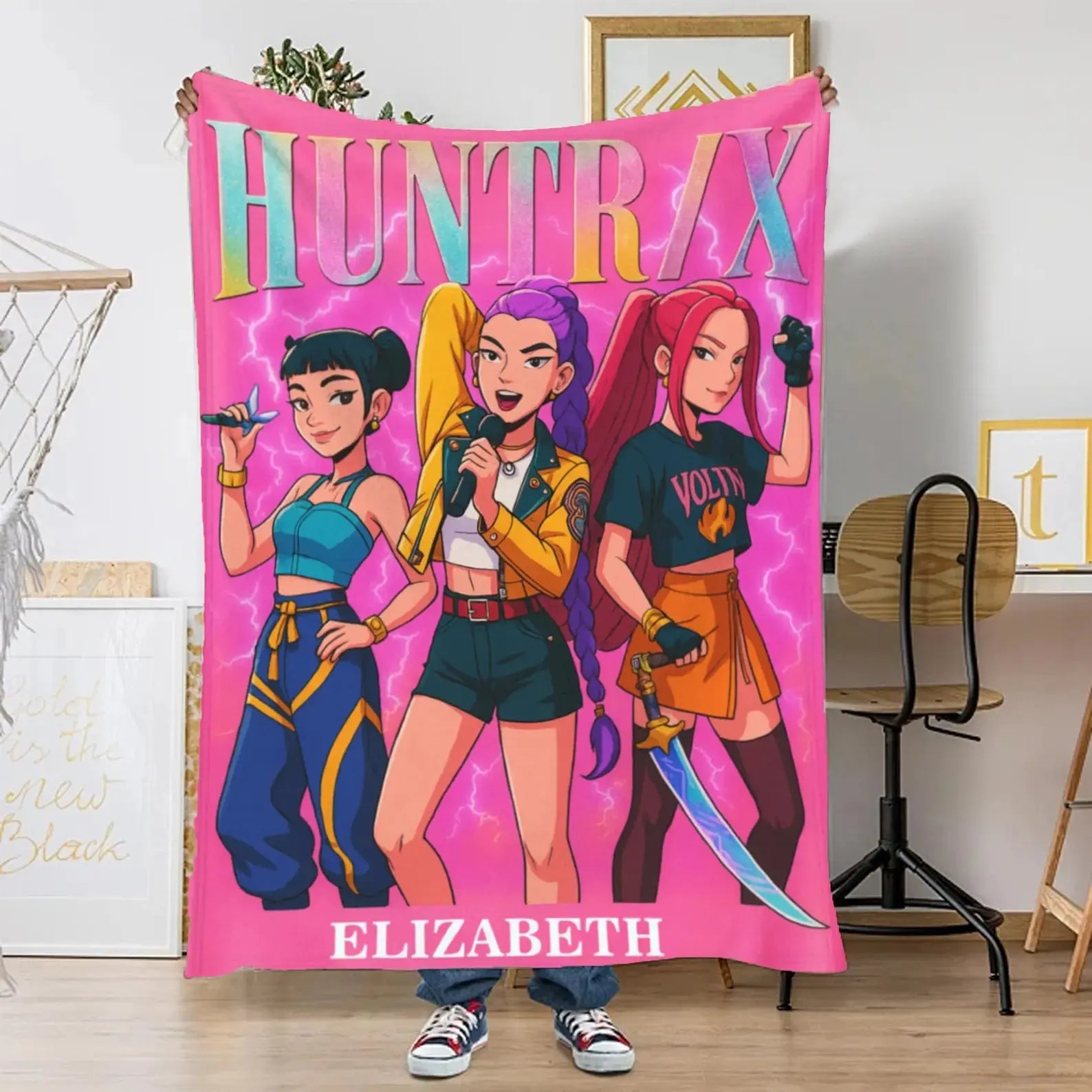 Personalized Huntrix Demon Kpop fan merch blanket, cozy anime-inspired throw.