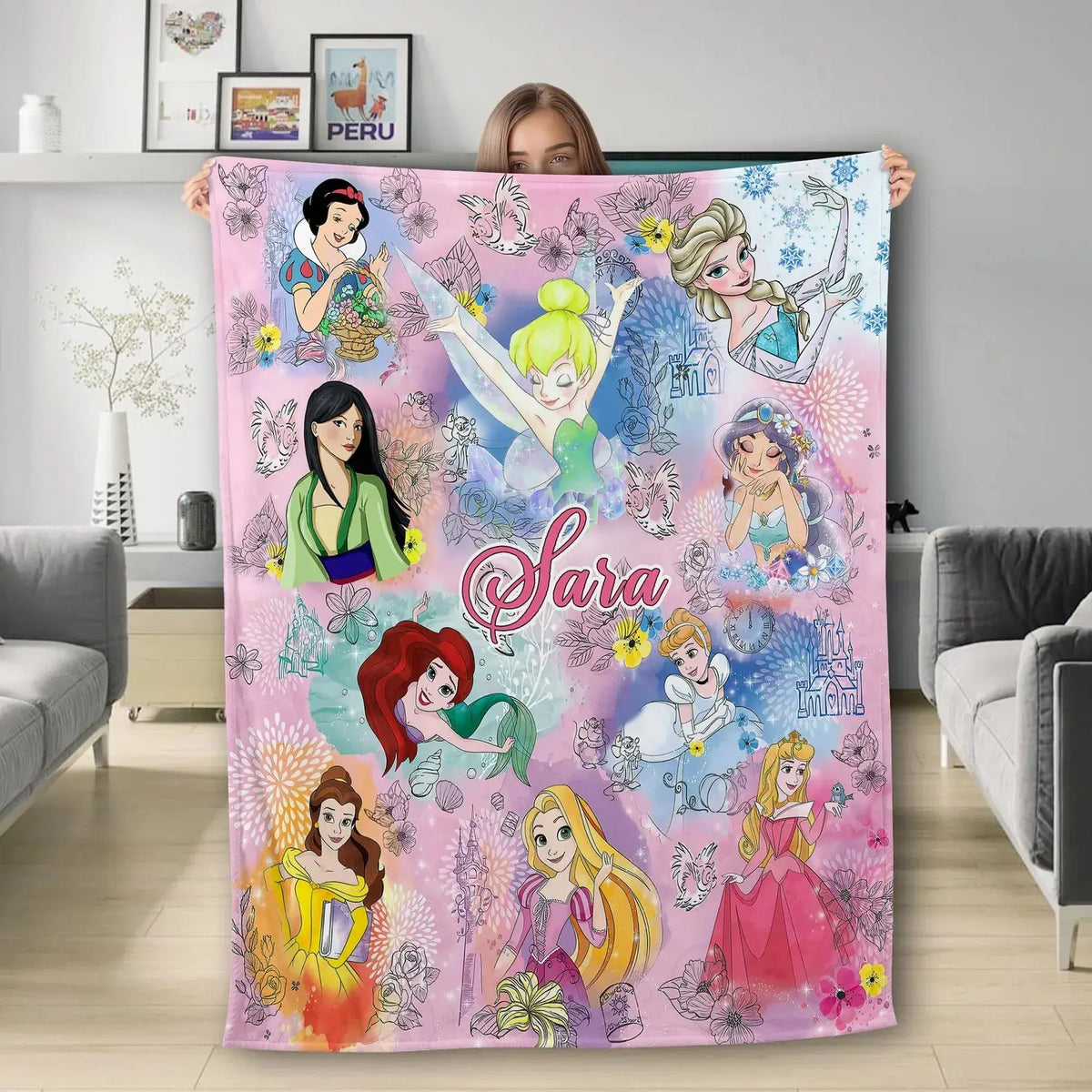 Personalized Disney Princess kids blanket with custom name, soft and cozy throw for toddlers and children’s bedroom décor and gift