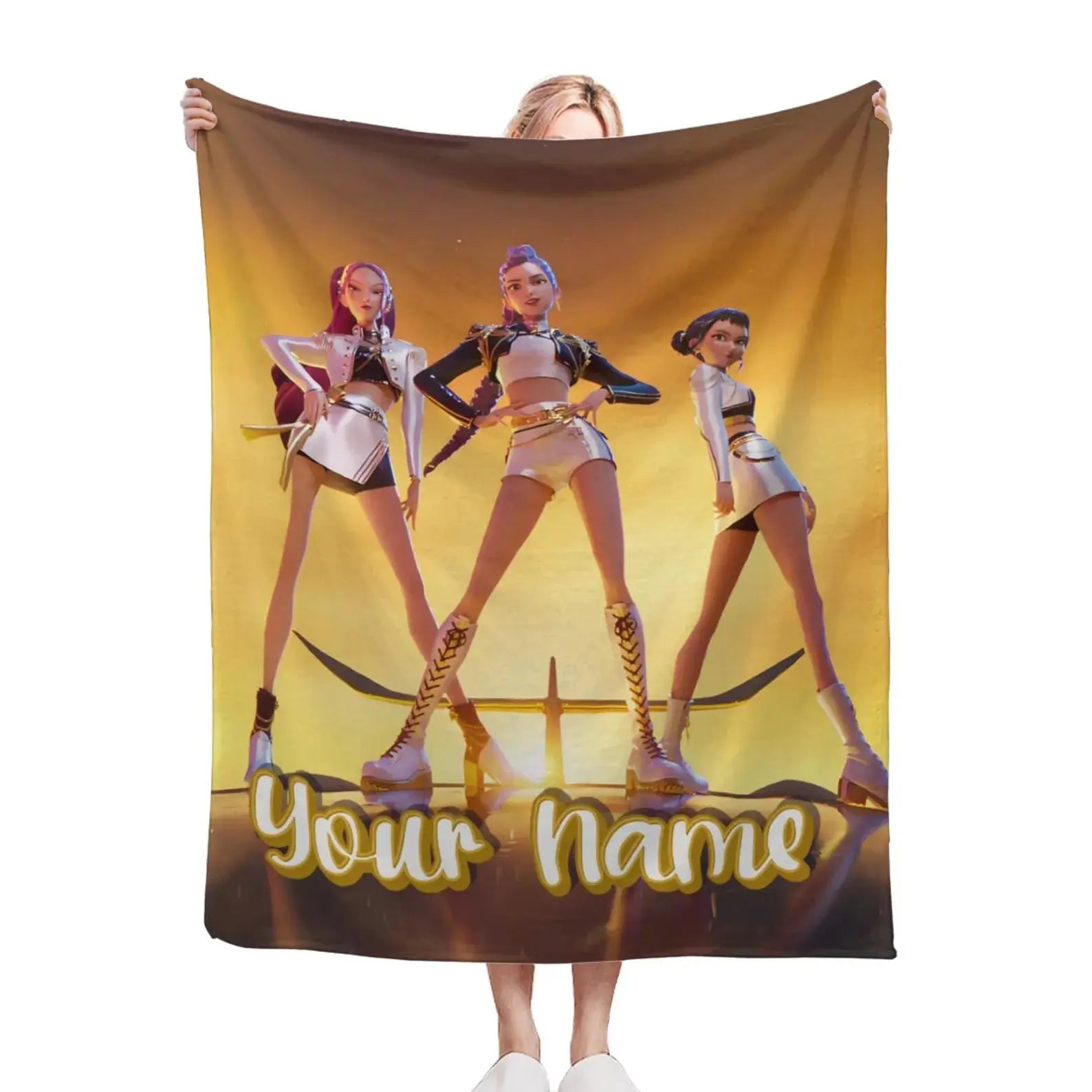 Personalized Kpop Demon Hunters blanket with custom name, cozy fleece throw for anime fans.