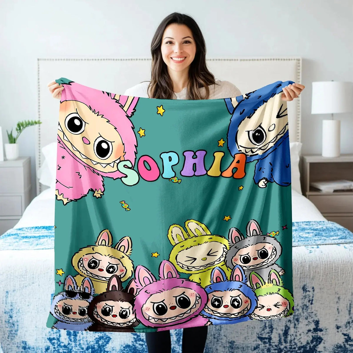 Personalized Labubu kids blanket, custom cartoon blanket for toddlers, soft and cozy children’s bedding with Labubu design.