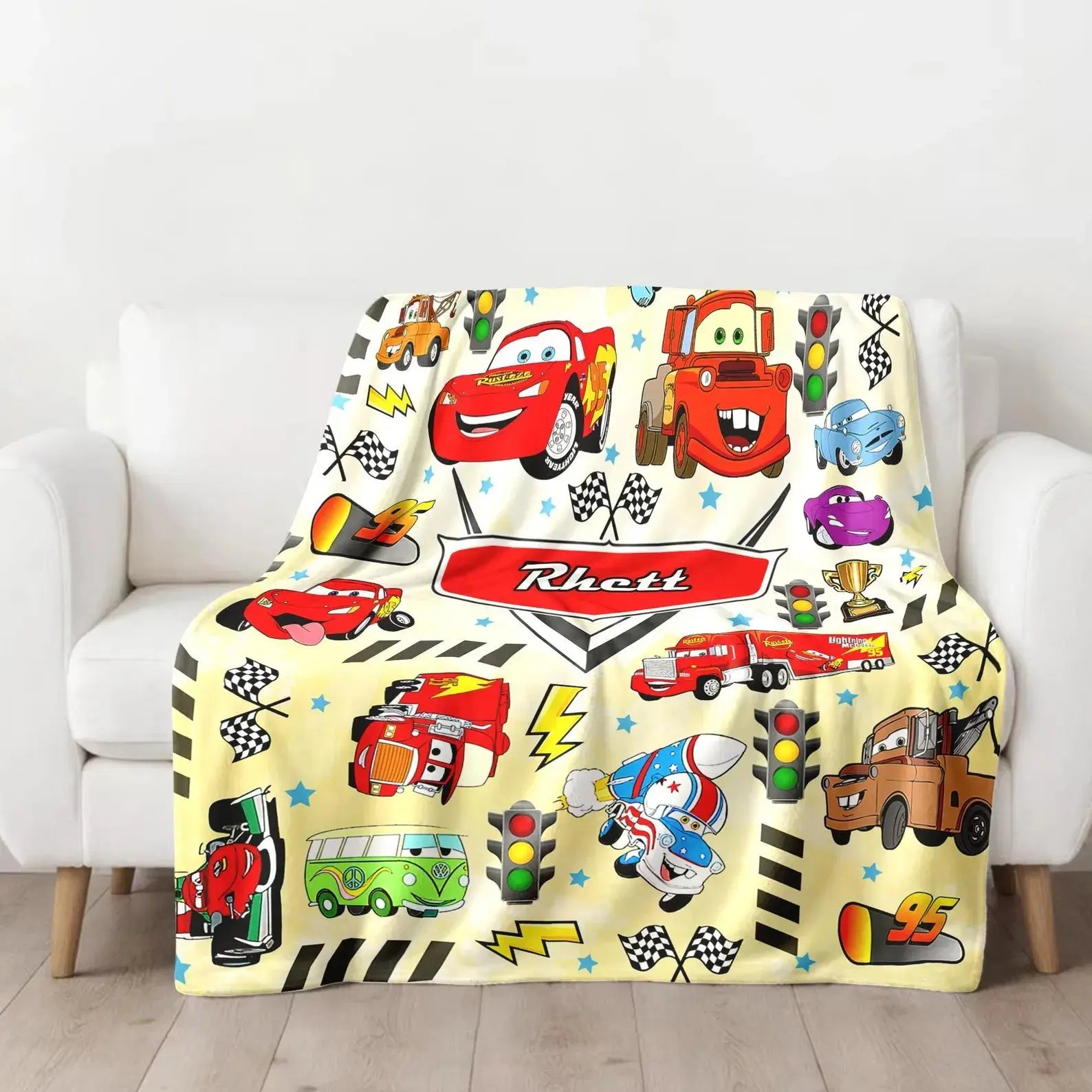 Personalized Lightning McQueen kids blanket with custom name, soft and cozy Cars movie cartoon throw for toddlers and children’s bedroom décor