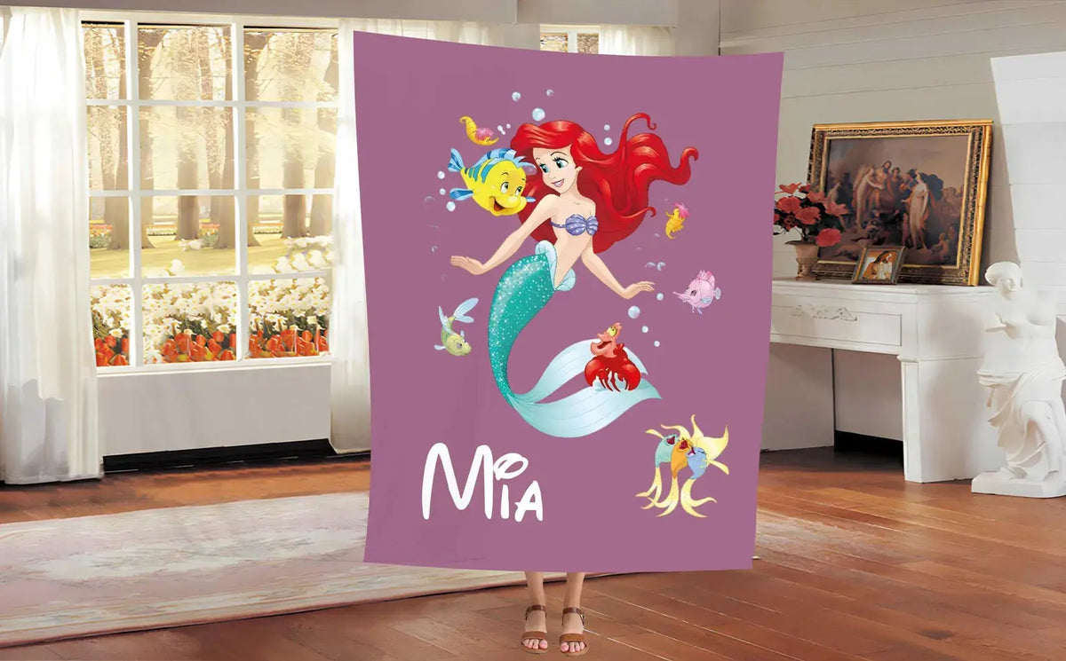 Personalized mermaid tail blanket featuring Ariel from The Little Mermaid, soft kids blanket for toddlers and children, custom name Disney blanket.
