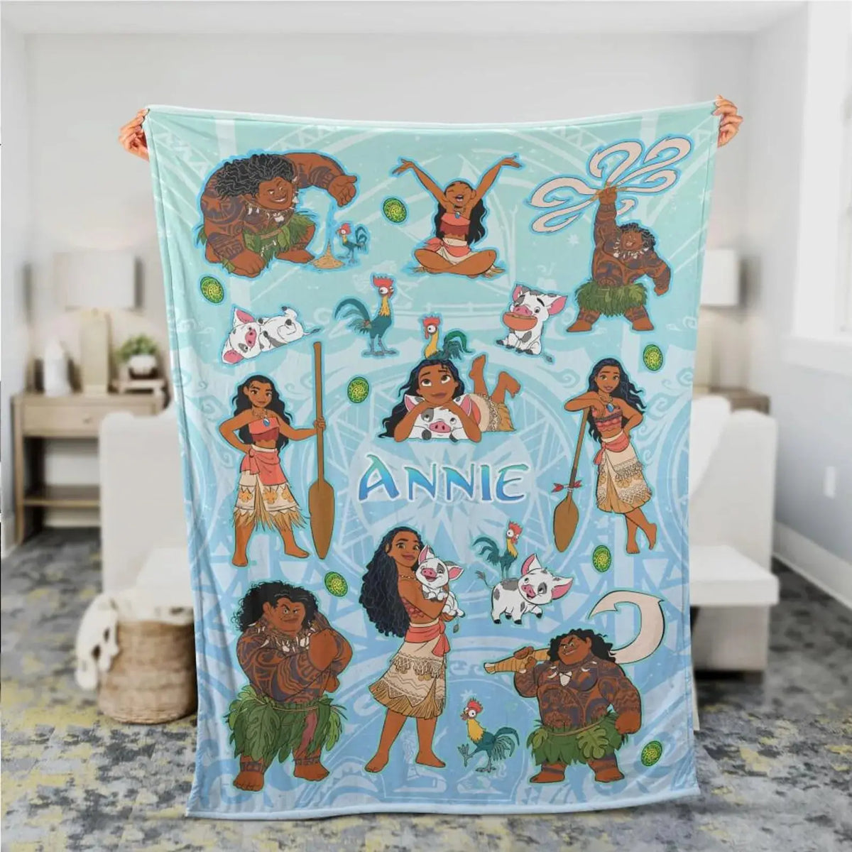Personalized Moana kids blanket featuring Moana, Maui, Pua, and Heihei, super soft and cozy island-inspired throw for toddlers and children’s bedroom décor