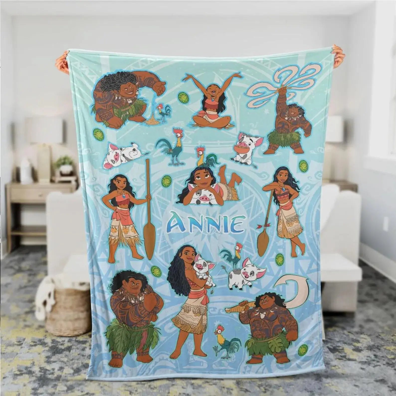 Personalized Moana kids blanket featuring Moana, Maui, Pua, and Heihei, super soft and cozy island-inspired throw for toddlers and children’s bedroom décor