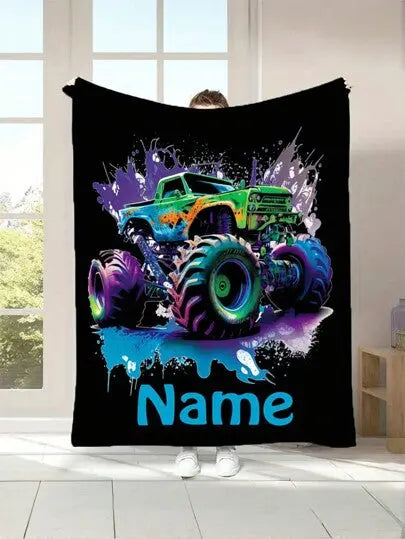 Personalized Monster Truck kids blanket with custom name, soft and cozy throw for toddlers and children’s bedroom décor