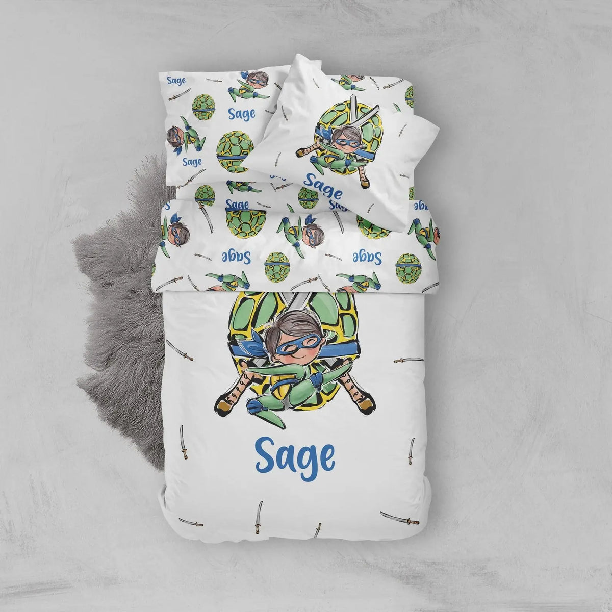 Ninja Turtles bedding set for boys with personalized duvet cover, kids duvet cover featuring Ninja Turtle design, perfect boys room and baby boy bedding.