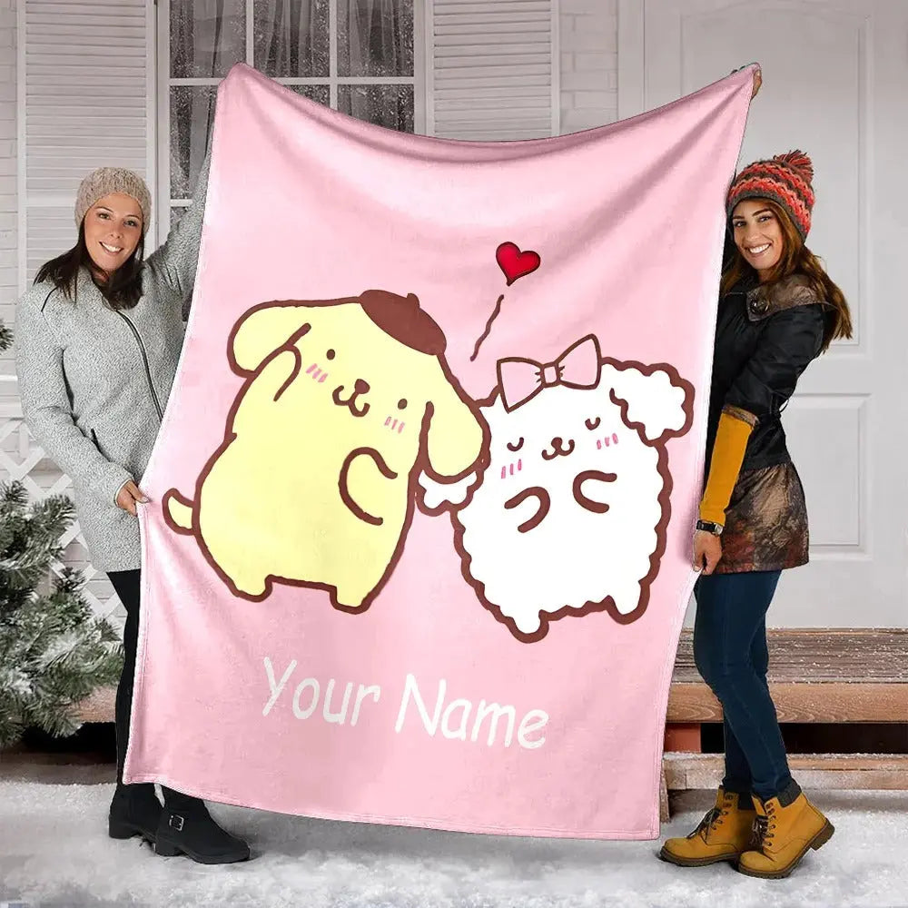 Personalized Sanrio Pom Pom Purin throw blanket, custom name cozy cartoon bedding