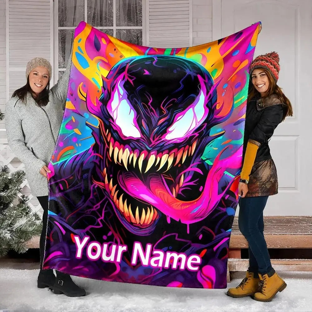 Personalized kids blanket with Spider-Man and Venom cartoon print, custom name cozy throw