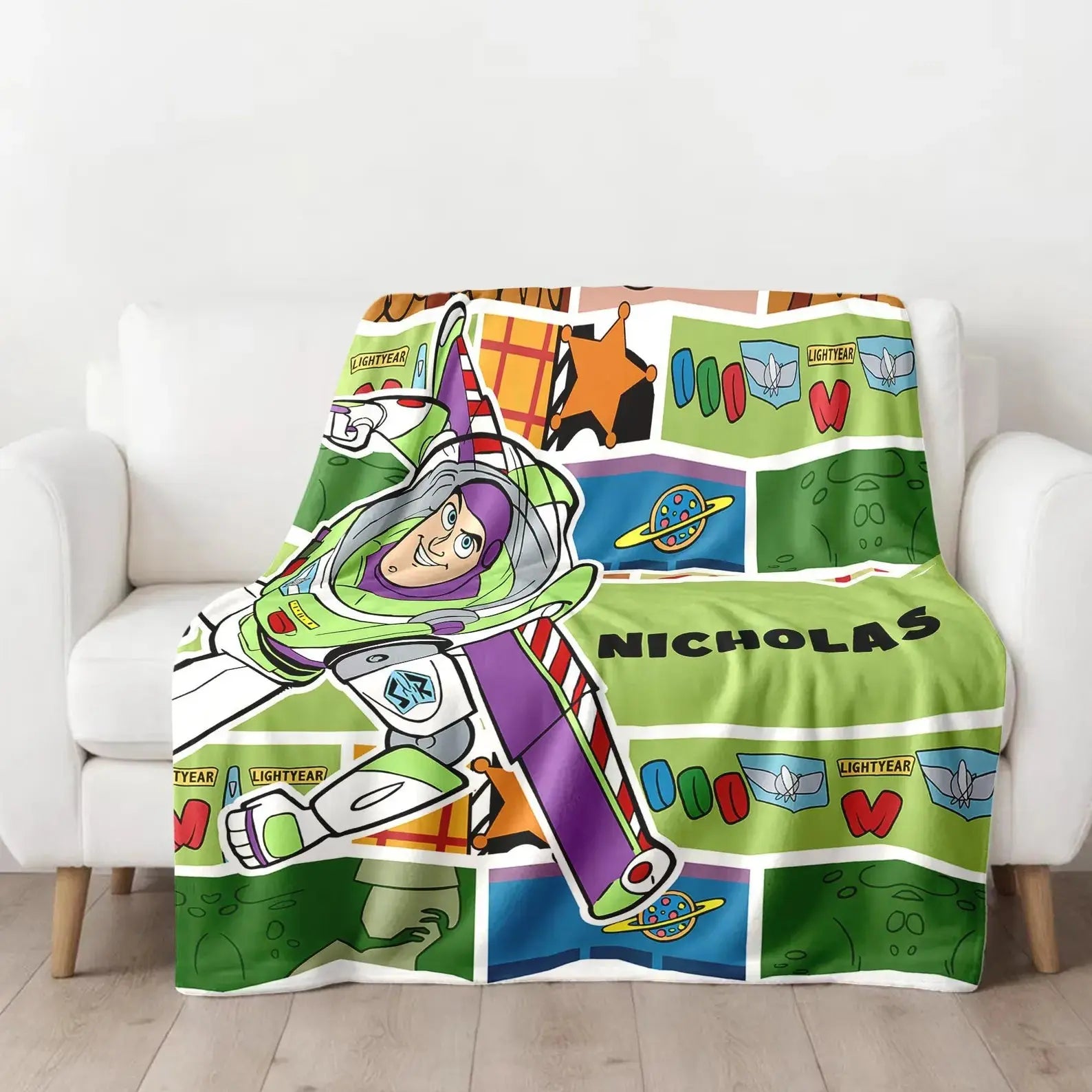 Custom name Toy Story Buzz Lightyear kids blanket, soft personalized throw for boys bedroom and birthday gift