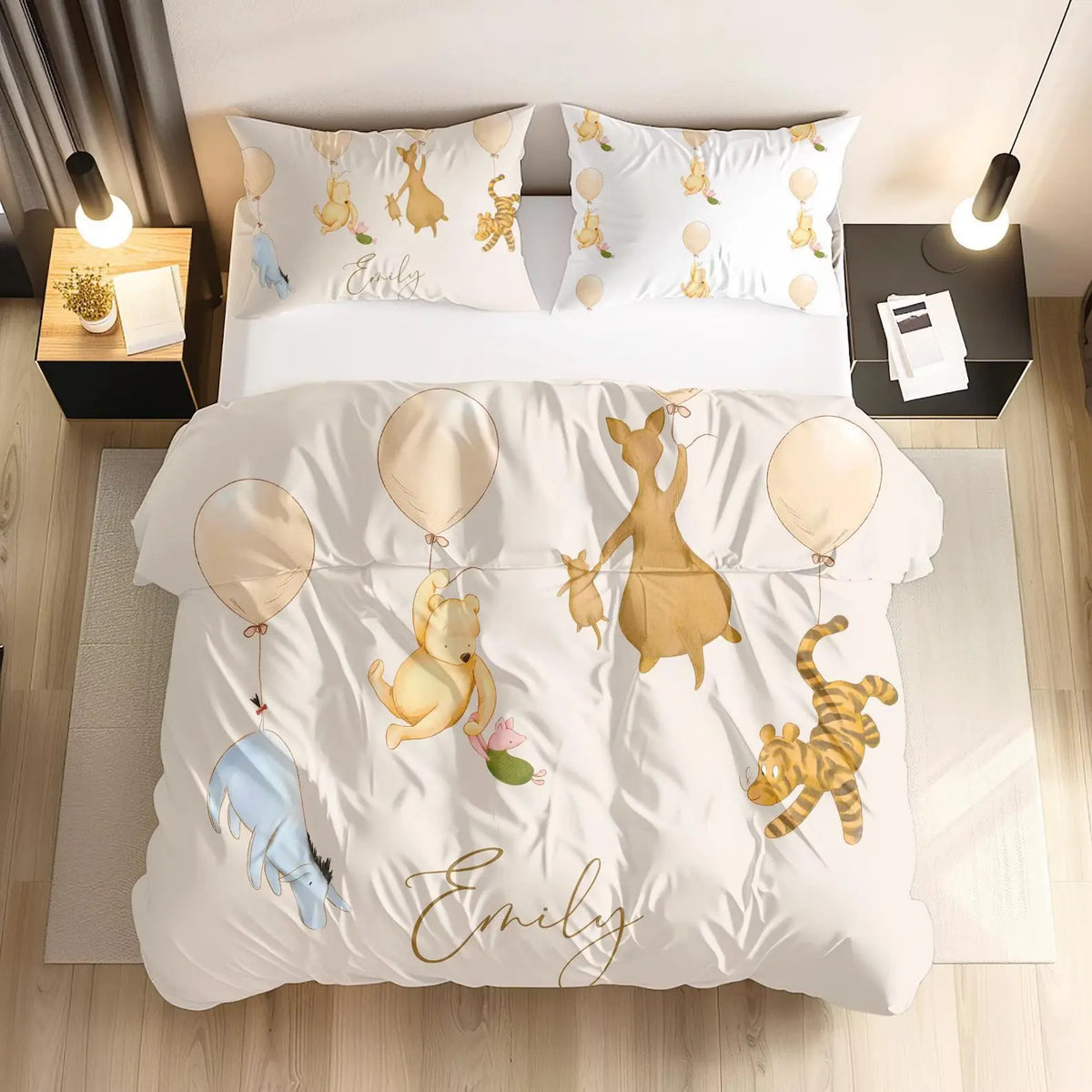 Winnie the Pooh personalized bedding set with custom duvet cover, kids cartoon bedding set, Disney bedroom décor, soft and cozy Winnie the Pooh cartoon bedding.