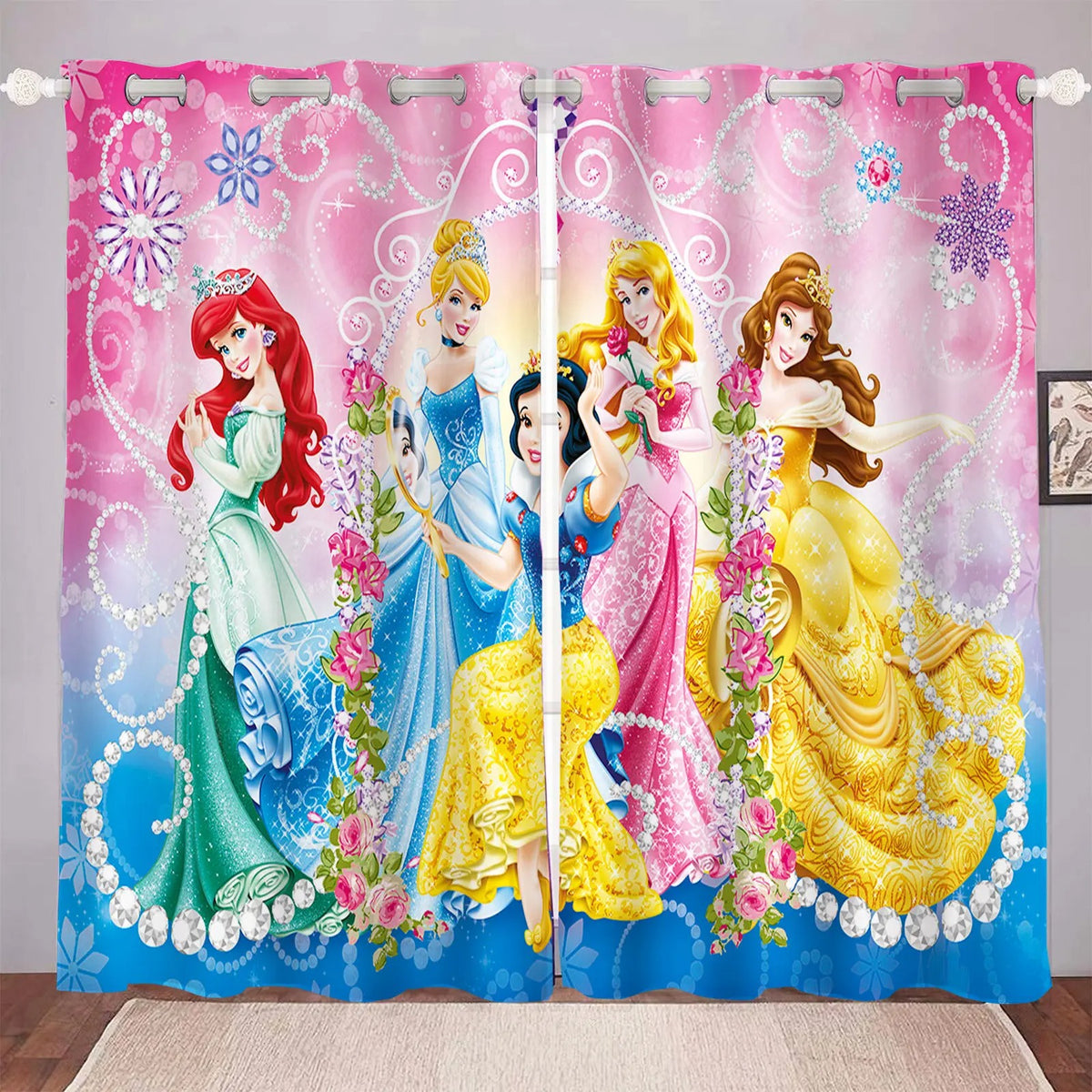 Pink Disney Princess blackout drapes for kids bedroom and nursery room décor.