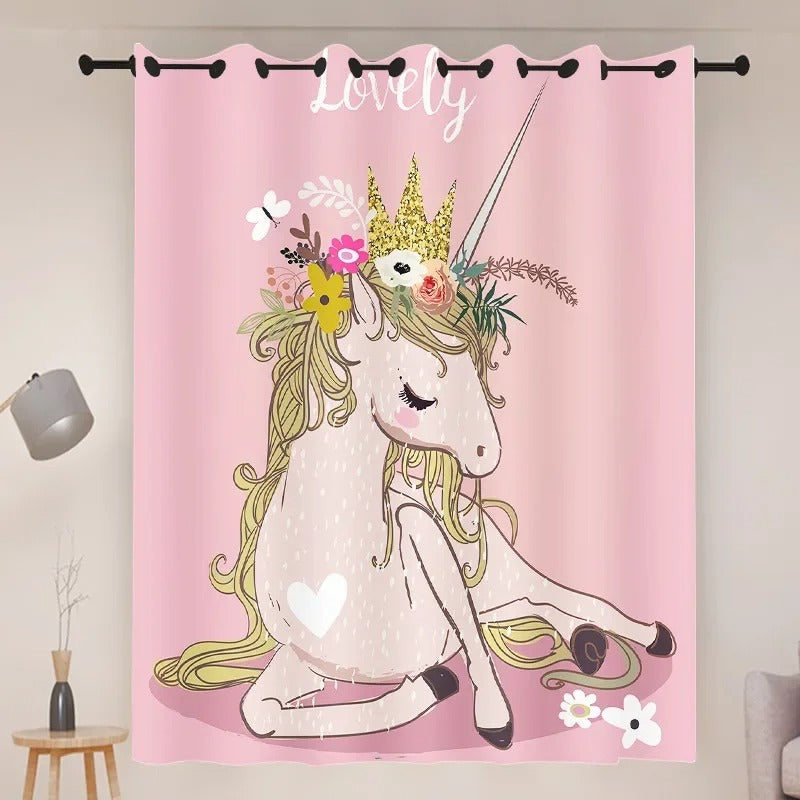 Elegant pink and gold princess unicorn blackout curtains for kids and toddler rooms.