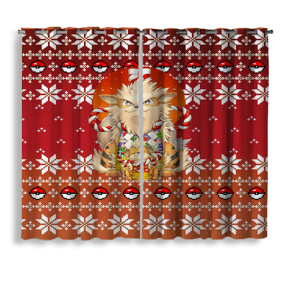 Pokemon Arcanine Christmas Window Curtain for bedroom, kids room, and anime holiday decor
