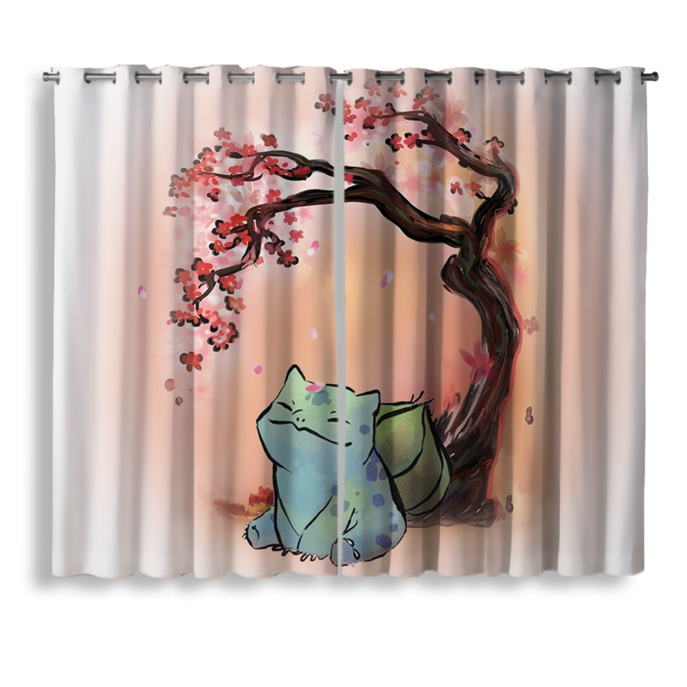 Pokemon Bulbasaur Cherry Blossom Japan Style Window Curtain for bedroom, kids room, and anime home decor