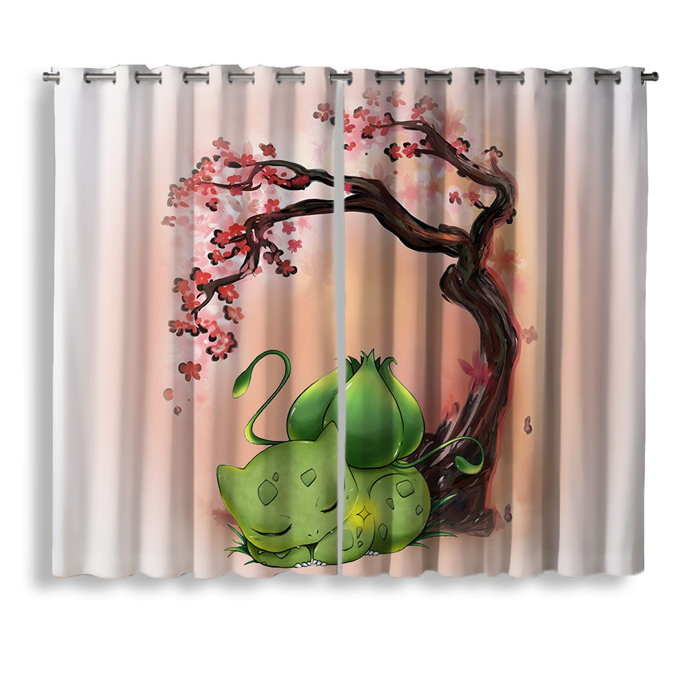 Pokemon Bulbasaur Sleep Cherry Blossom Japan Style Window Curtain for bedroom, kids room, and anime home decor