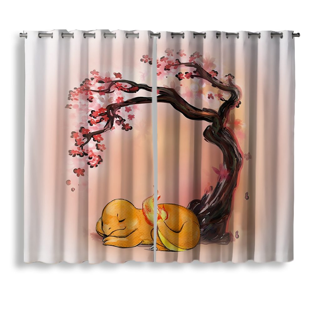Pokemon Fire Charmander Sleep Cherry Blossom Japan Window Curtain for bedroom, kids room, and anime home decor