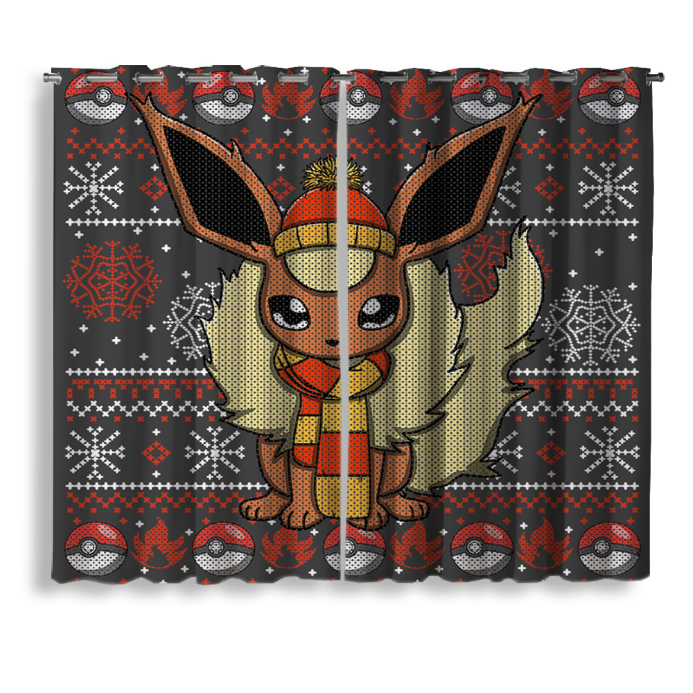 Pokemon Flareon Eevee Evolution Christmas Window Curtain for bedroom, kids room, and festive anime home decor