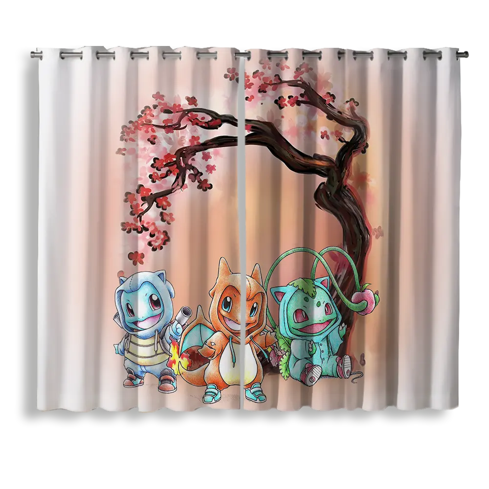 Pokemon Gen 1 Bulbasaur, Charmander, and Squirtle Japan Style Cherry Blossom Window Curtain for bedroom, kids room, and anime home decor