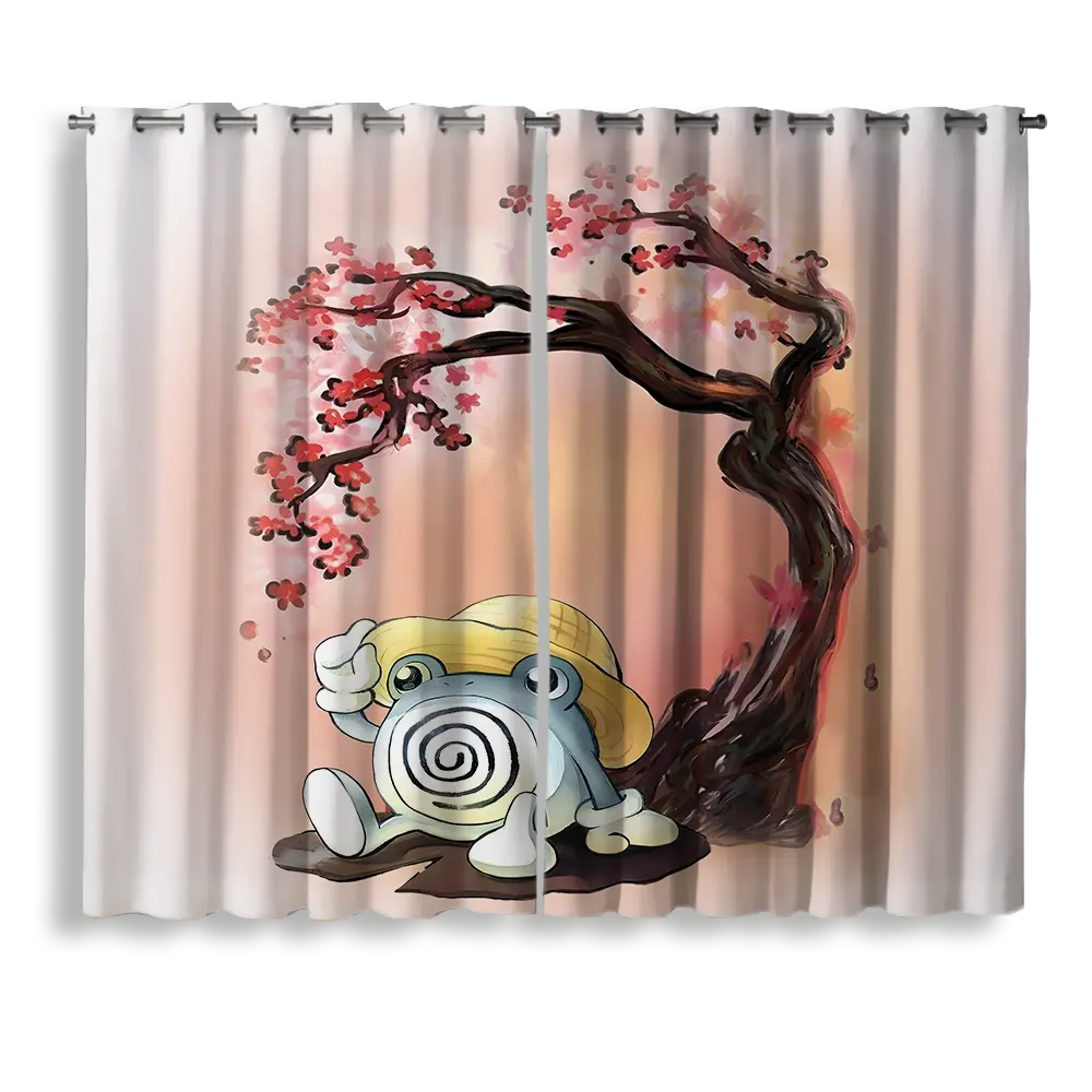 Poliwhirl Pokemon Cherry Blossom Window Curtain for Kids Bedroom and Anime Home Decor