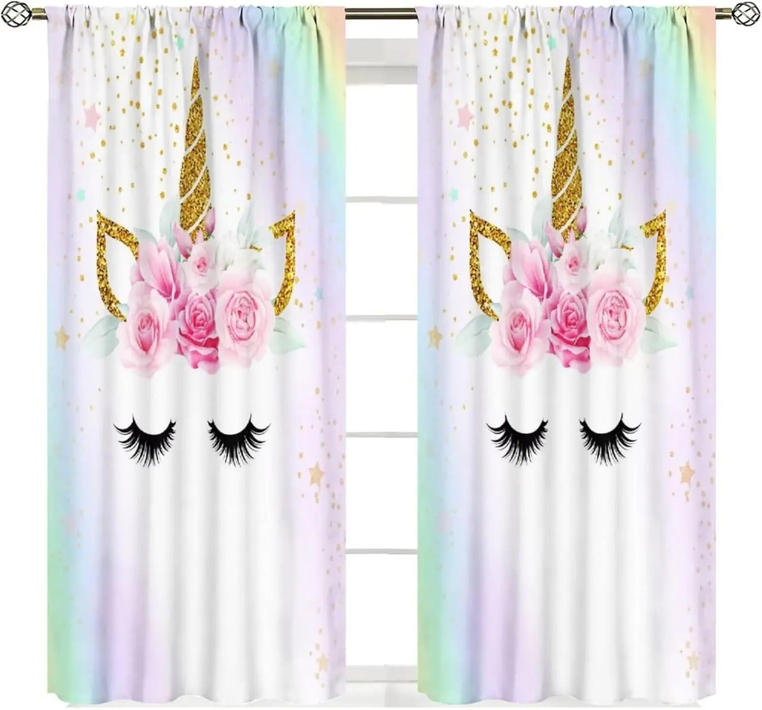 Pink and gold princess blackout drapes with rainbow unicorn pattern for kids bedroom.