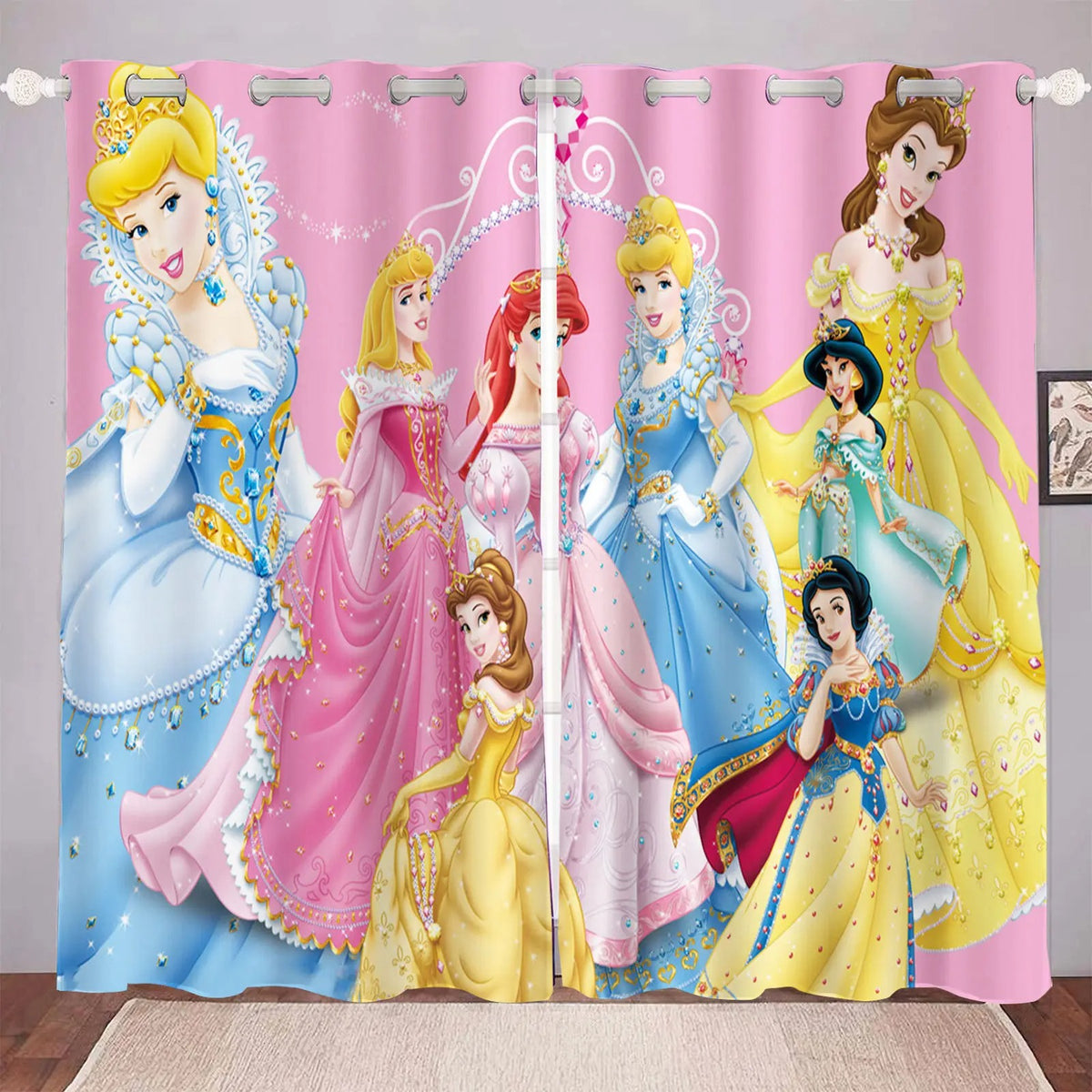Rapunzel Tangled themed window curtain panels with blackout lining for kids bedroom.