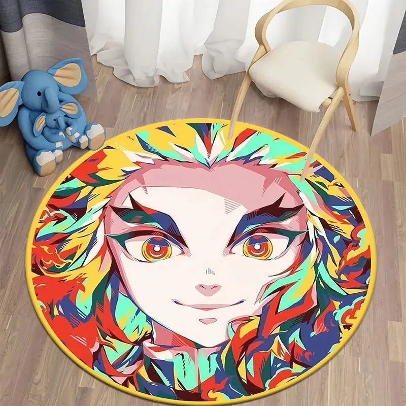 Circular rug depicting Rengoku Kyojuro, the Flame Hashira from Demon Slayer: Kimetsu no Yaiba, placed in a stylish anime-themed room for fans and collectors