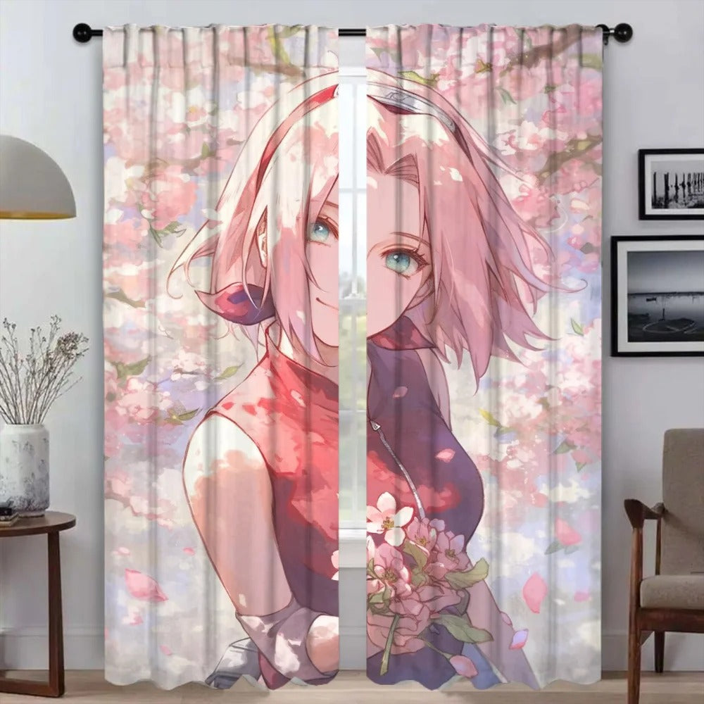 Sakura Haruno Japanese-style noren curtain with cherry blossom design, semi-sheer polyester fabric for doorway or window use — perfect for anime home décor, Naruto fans, or Japanese-style interiors.
