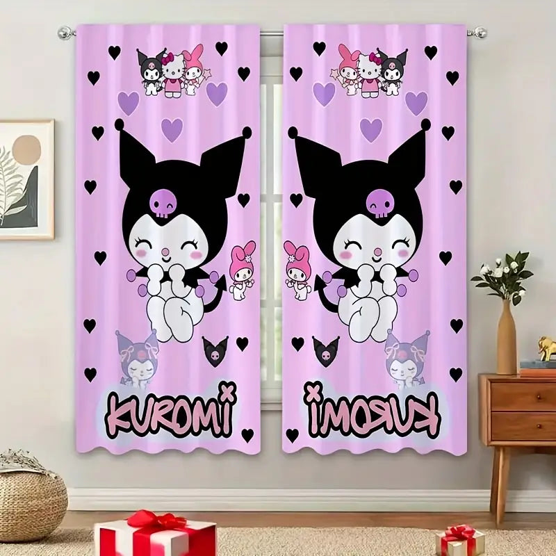 Sanrio Hello Kitty and Kuromi blackout curtains for bedroom décor, cute kawaii anime design.