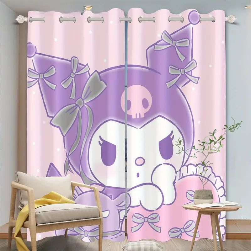 Sanrio kawaii curtains in pink and purple for bedroom, Hello Kitty and Kuromi pattern.