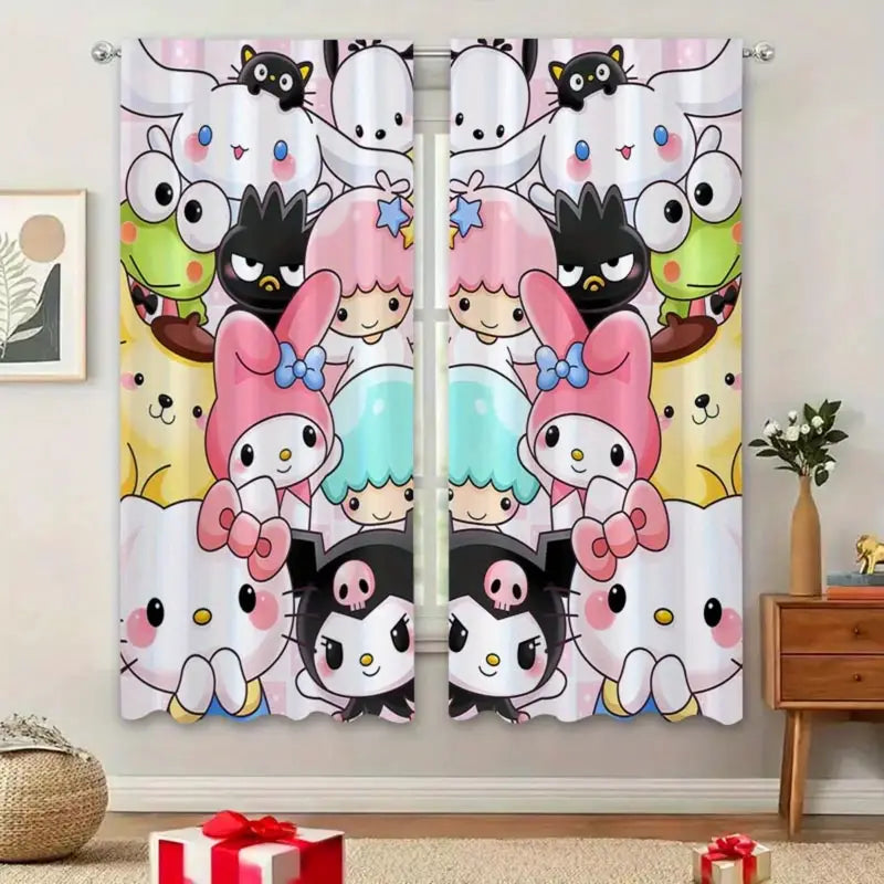 Sanrio Kuromi and My Melody blackout curtains with heart pattern, perfect for kawaii rooms.