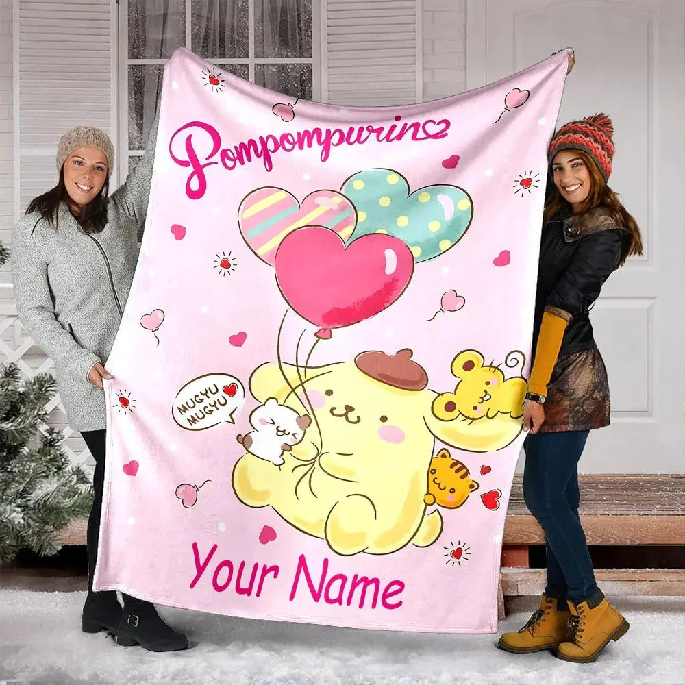 Sanrio Pom Pom Purin customized blanket with name, cute kawaii flannel throw gift