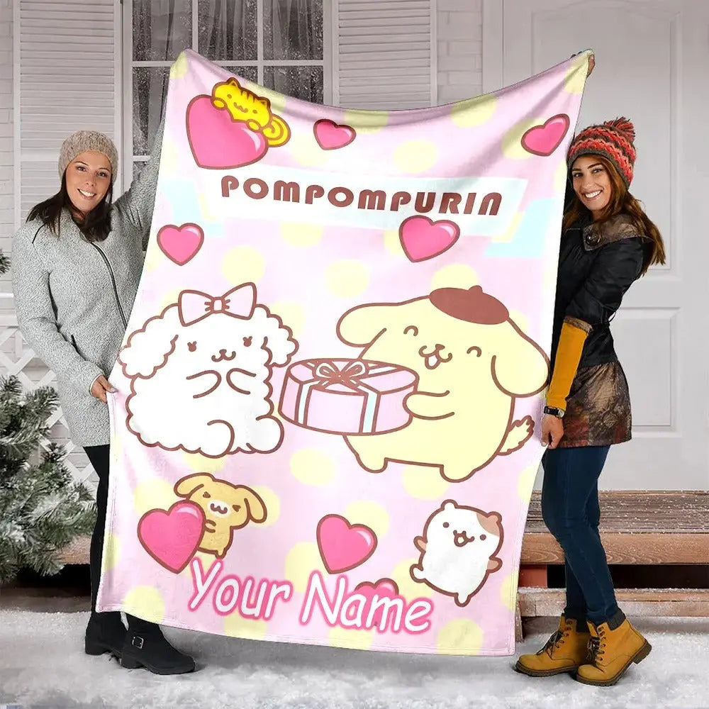 Sanrio Purin customized name blanket, soft kawaii fleece throw for bedroom or travel