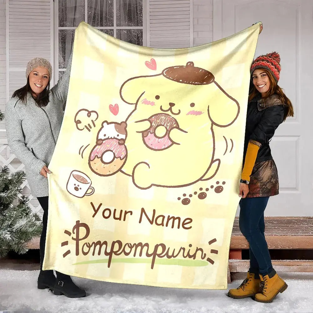 Sanrio Pom Pom Purin print blanket with customized name, cozy cartoon bedding gift