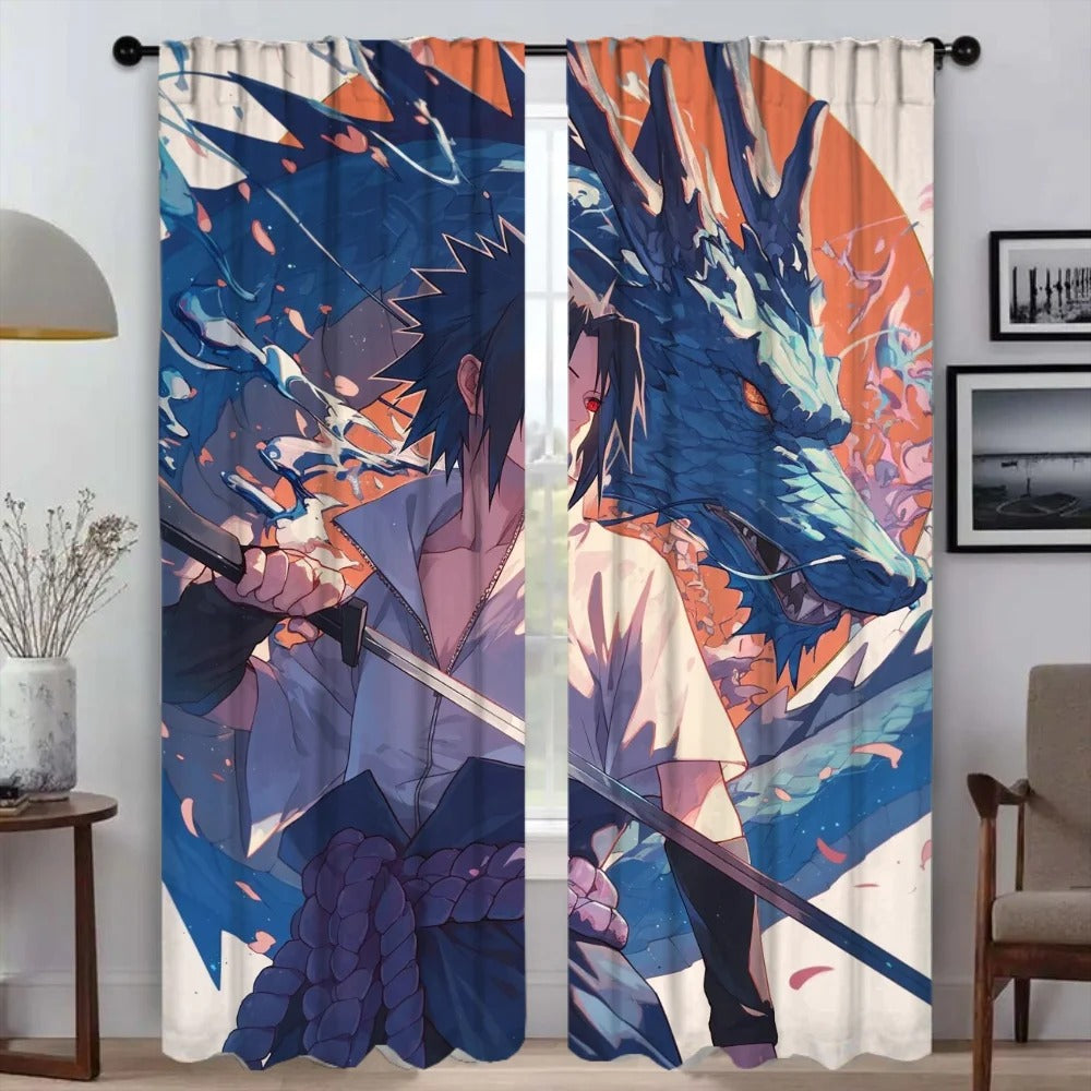 Anime Sasuke Uchiha blackout window curtains featuring 3D printed design, perfect for bedroom, living room, or gaming room décor.